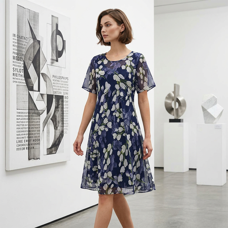 👗 50% RABATT 🌸 | Kortärmad A-linje Festklänning – Blommönster & Dubbel Chiffong
