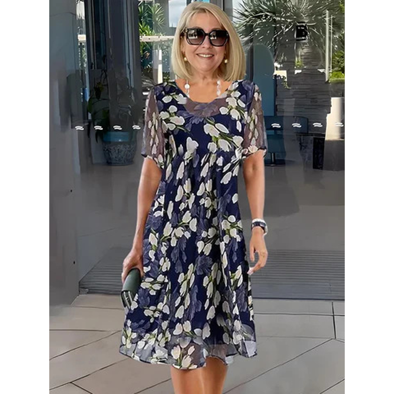 👗 50% RABATT 🌸 | Kortärmad A-linje Festklänning – Blommönster & Dubbel Chiffong