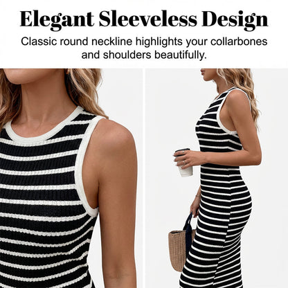 👗 60% RABATT! ✨ Ärmlös Randig Ribbstickad Klänning – Figurnära, Bekväm & Perfekt för Sommar & Vardag 🌸
