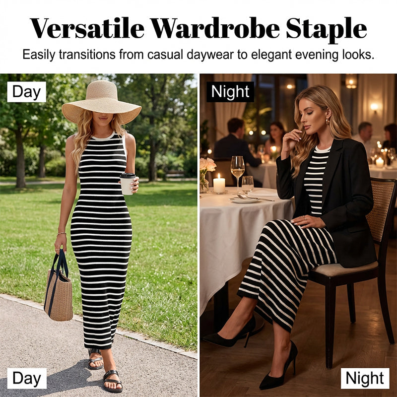 👗 60% RABATT! ✨ Ärmlös Randig Ribbstickad Klänning – Figurnära, Bekväm & Perfekt för Sommar & Vardag 🌸