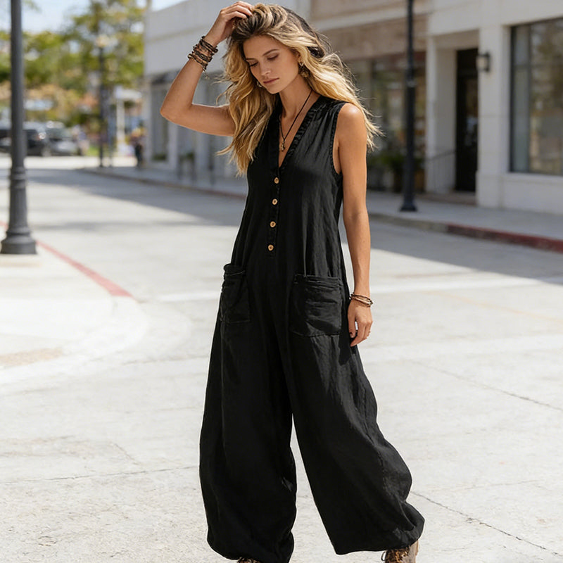 Ärmlös jumpsuit med V-ringning och vida ben för damer