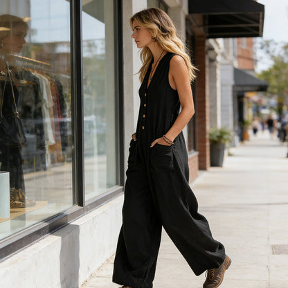 Ärmlös jumpsuit med V-ringning och vida ben för damer