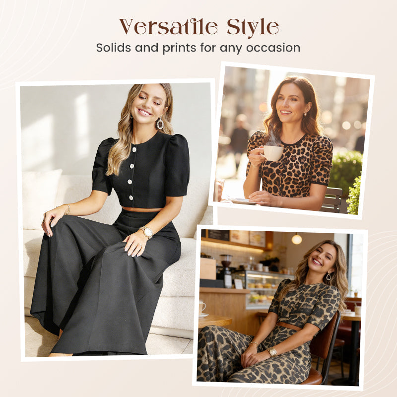 Set med elegant kort topp med puffärmar och byxor med vida ben