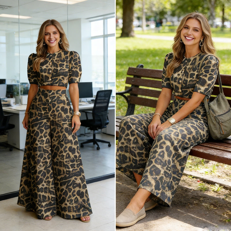 Set med elegant kort topp med puffärmar och byxor med vida ben
