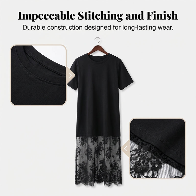 Modern t-shirtklänning med lager på lager och spetskant