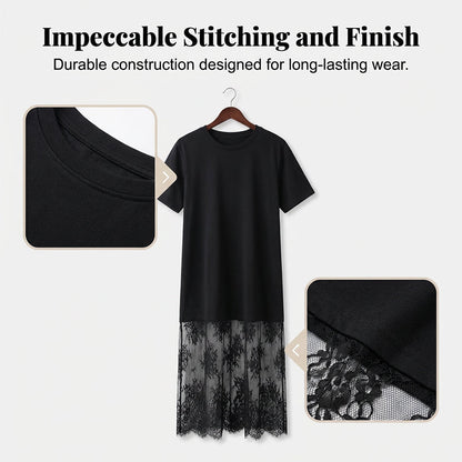 Modern t-shirtklänning med lager på lager och spetskant
