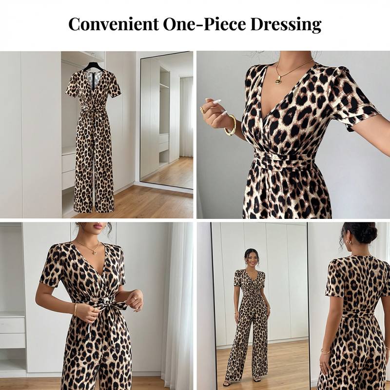 Jumpsuit med leopardmönster, V-ringning och vida ben