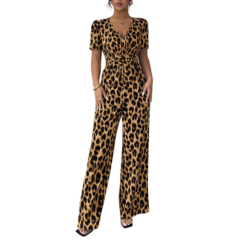 Jumpsuit med leopardmönster, V-ringning och vida ben