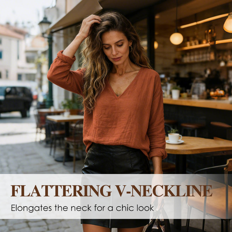 Dam-T-shirt i bomull och linne med V-ringning