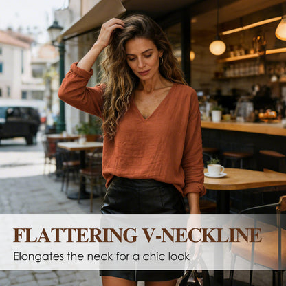 Dam-T-shirt i bomull och linne med V-ringning