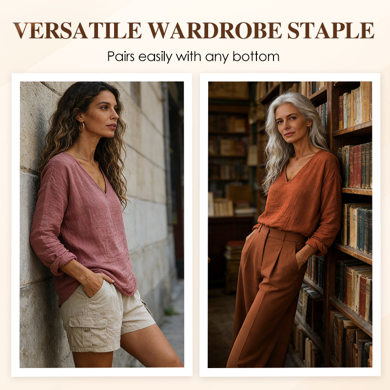 Dam-T-shirt i bomull och linne med V-ringning