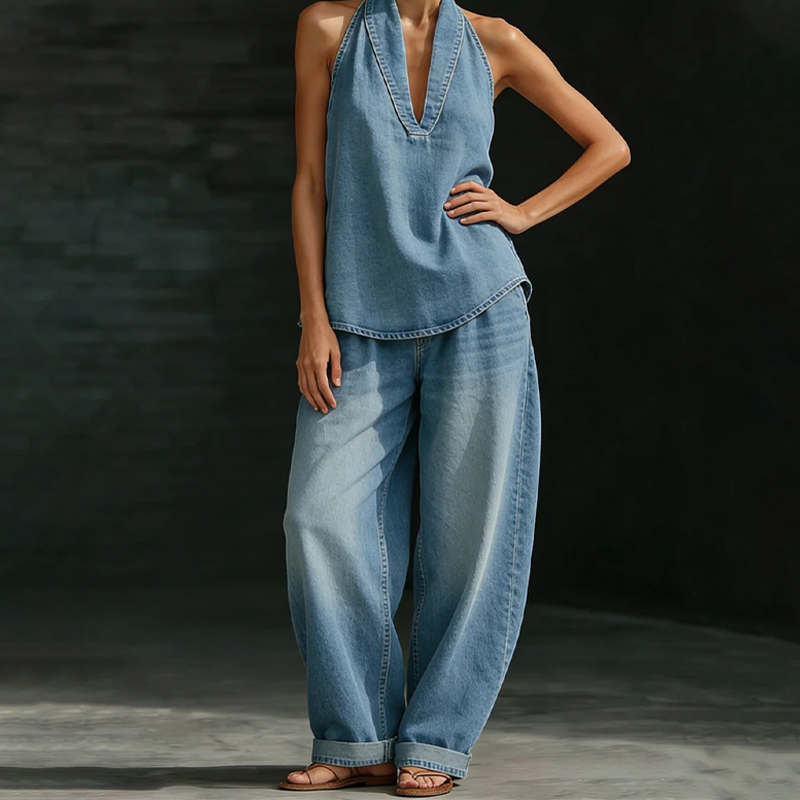 👖 50% RABATT ✨ | Set med Halterneck Topp & Vida Byxor – Vintage Denim