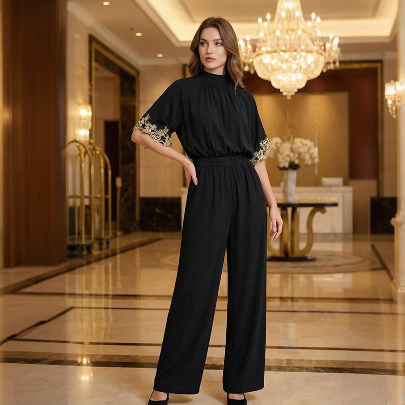 Elegant jumpsuit med hög hals och halvlånga ärmar för damer