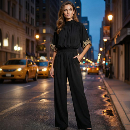 Elegant jumpsuit med hög hals och halvlånga ärmar för damer