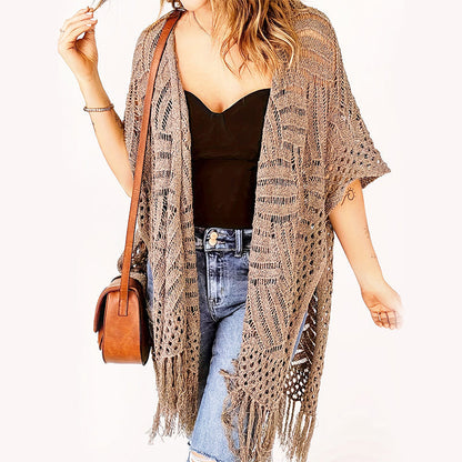 🌊 50% RABATT NU!✨ Dam Öppen Stickad Cover-Up med Tofsar – Bohemisk & Luftig – Strand Essential 🌴