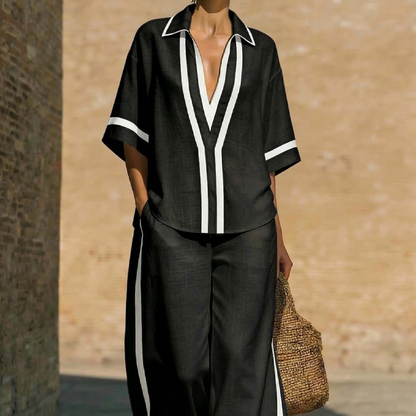 Avslappnad tvådelad damkollektion i blockfärger