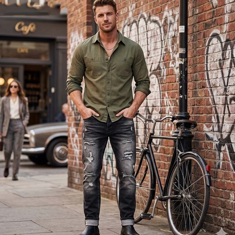Slim Straight-jeans med hål för män