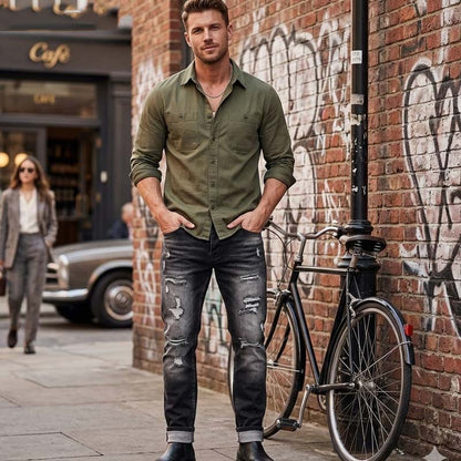 Slim Straight-jeans med hål för män
