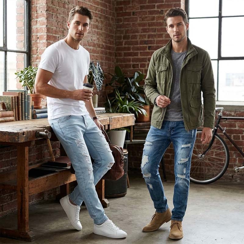 Slim Straight-jeans med hål för män