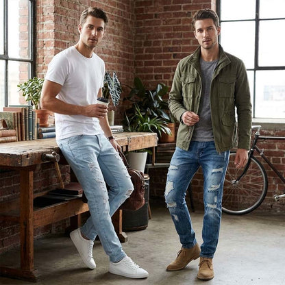 Slim Straight-jeans med hål för män
