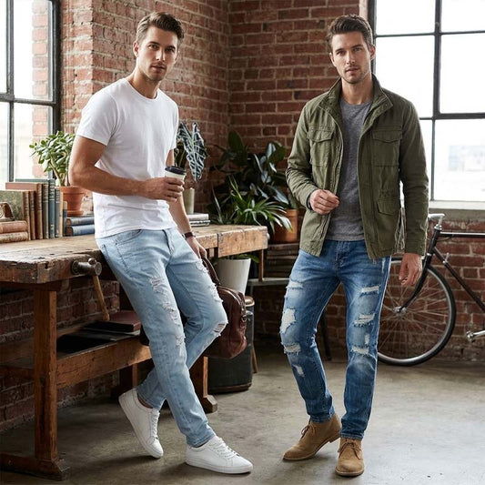 Slim Straight-jeans med hål för män
