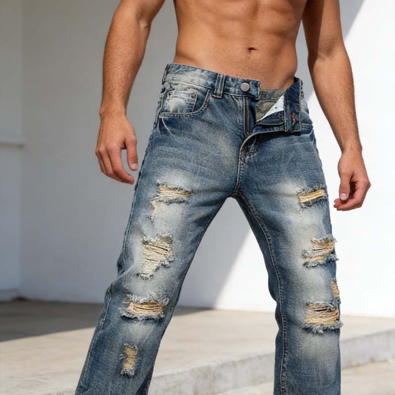 Slim Straight-jeans med hål för män