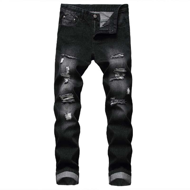Slim Straight-jeans med hål för män