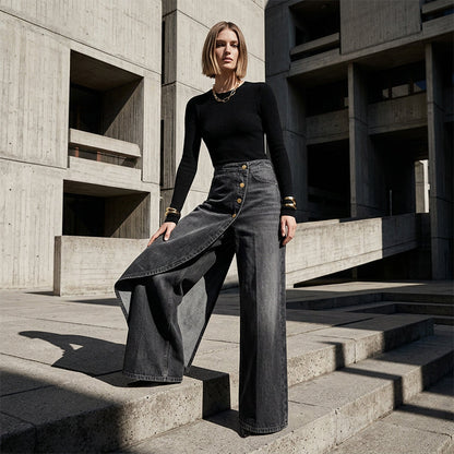 👖 50% RABATT NU! 🌀 Asymmetrisk Wrap Denim Kjolbyxor – Högmidjad, Vida Ben & Dekorativ Knapprad ✨