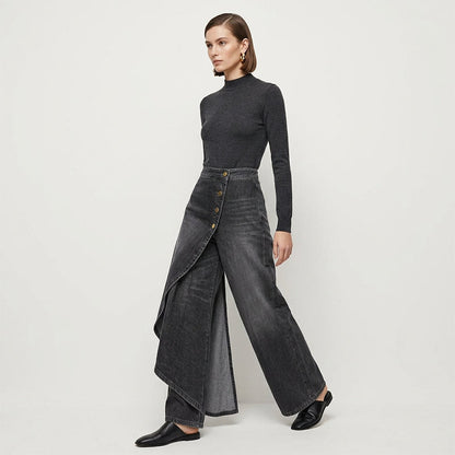 👖 50% RABATT NU! 🌀 Asymmetrisk Wrap Denim Kjolbyxor – Högmidjad, Vida Ben & Dekorativ Knapprad ✨