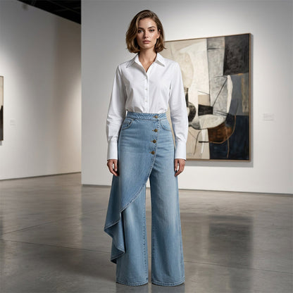 👖 50% RABATT NU! 🌀 Asymmetrisk Wrap Denim Kjolbyxor – Högmidjad, Vida Ben & Dekorativ Knapprad ✨