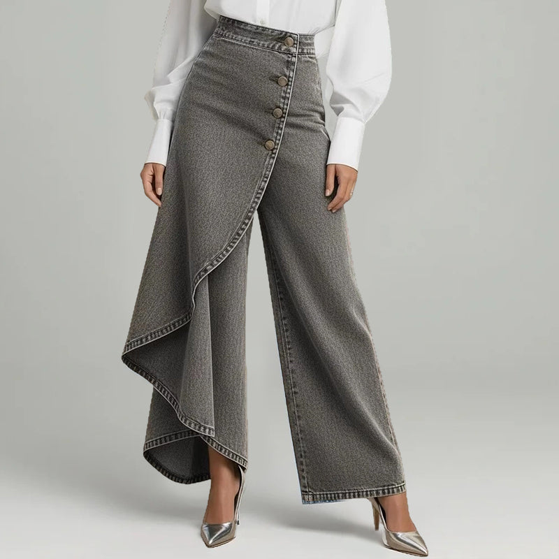 👖 50% RABATT NU! 🌀 Asymmetrisk Wrap Denim Kjolbyxor – Högmidjad, Vida Ben & Dekorativ Knapprad ✨