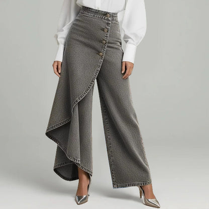 👖 50% RABATT NU! 🌀 Asymmetrisk Wrap Denim Kjolbyxor – Högmidjad, Vida Ben & Dekorativ Knapprad ✨