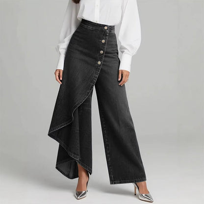 👖 50% RABATT NU! 🌀 Asymmetrisk Wrap Denim Kjolbyxor – Högmidjad, Vida Ben & Dekorativ Knapprad ✨