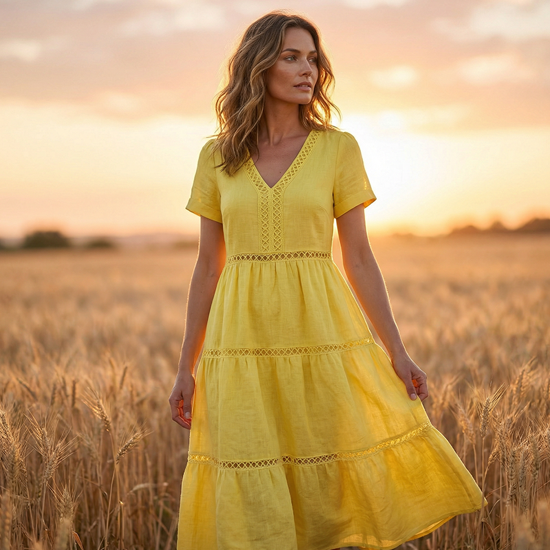 🌸👗✨ Elegant damklänning med V-ringning och spetsdetaljer – feminin, elegant, perfekt för speciella tillfällen. 🕊️