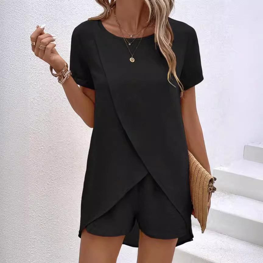 👚 60% RABATT! 💃 Damset med Oregelbunden Topp & Shorts – Enfärgat Tyg, Trendig Design & Perfekt För Sommaren ☀️