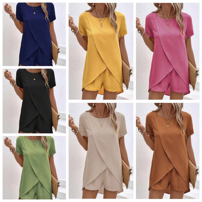 👚 60% RABATT! 💃 Damset med Oregelbunden Topp & Shorts – Enfärgat Tyg, Trendig Design & Perfekt För Sommaren ☀️
