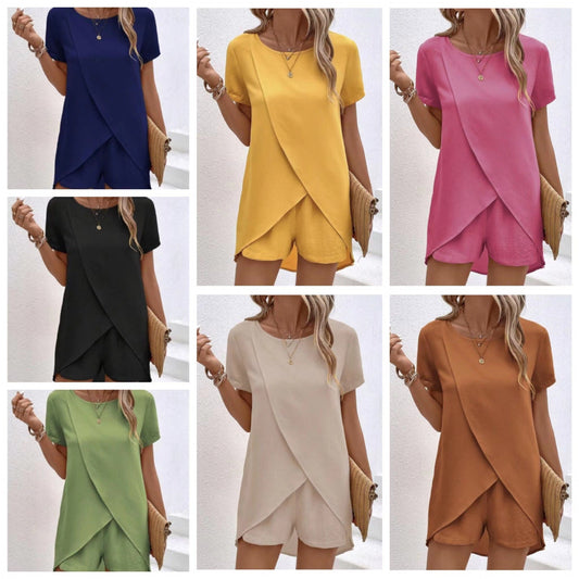 👚 60% RABATT! 💃 Damset med Oregelbunden Topp & Shorts – Enfärgat Tyg, Trendig Design & Perfekt För Sommaren ☀️