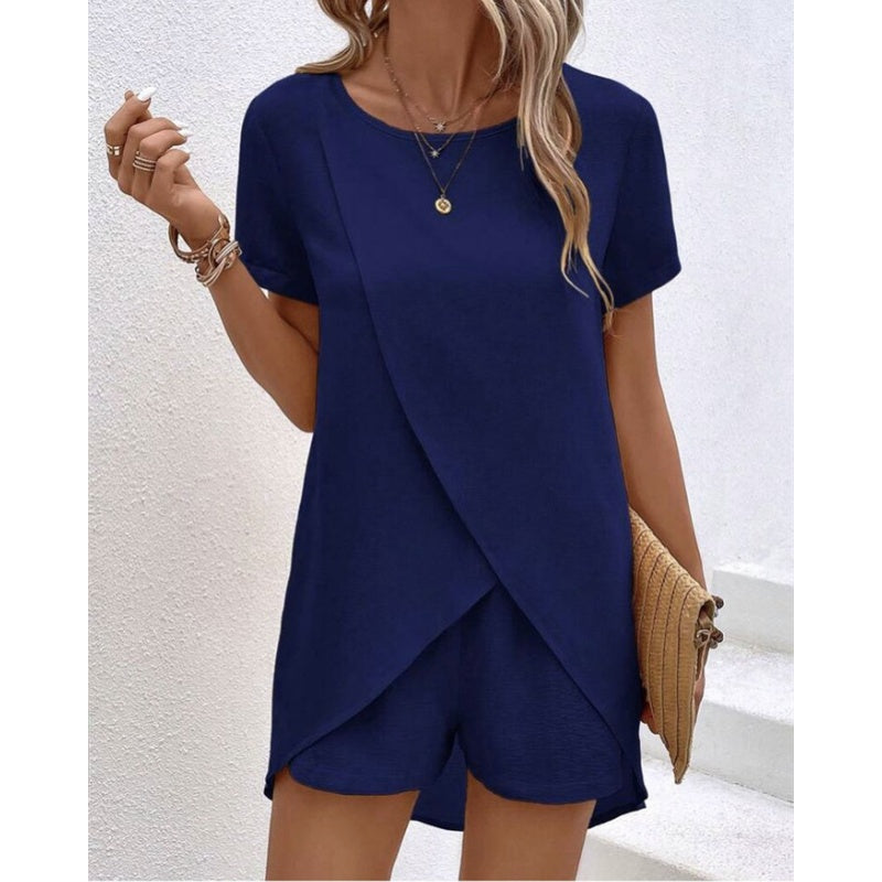 👚 60% RABATT! 💃 Damset med Oregelbunden Topp & Shorts – Enfärgat Tyg, Trendig Design & Perfekt För Sommaren ☀️
