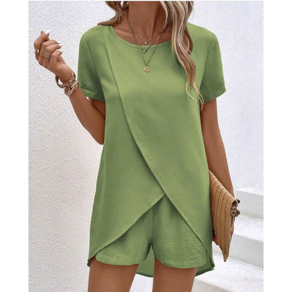 👚 60% RABATT! 💃 Damset med Oregelbunden Topp & Shorts – Enfärgat Tyg, Trendig Design & Perfekt För Sommaren ☀️