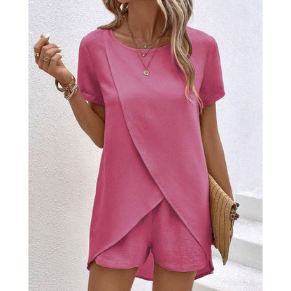 👚 60% RABATT! 💃 Damset med Oregelbunden Topp & Shorts – Enfärgat Tyg, Trendig Design & Perfekt För Sommaren ☀️