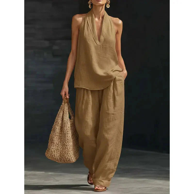 👚 50% RABATT! 🌞 Boho Linne Tvådelat Set – Halslinne & Vida Byxor, Lätt & Perfekt För En Ledig Sommarlook 💃