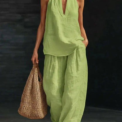 👚 50% RABATT! 🌞 Boho Linne Tvådelat Set – Halslinne & Vida Byxor, Lätt & Perfekt För En Ledig Sommarlook 💃