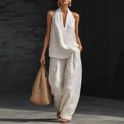 👚 50% RABATT! 🌞 Boho Linne Tvådelat Set – Halslinne & Vida Byxor, Lätt & Perfekt För En Ledig Sommarlook 💃