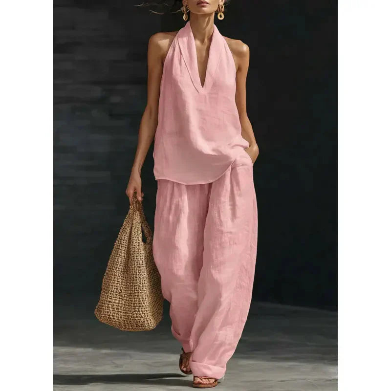 👚 50% RABATT! 🌞 Boho Linne Tvådelat Set – Halslinne & Vida Byxor, Lätt & Perfekt För En Ledig Sommarlook 💃