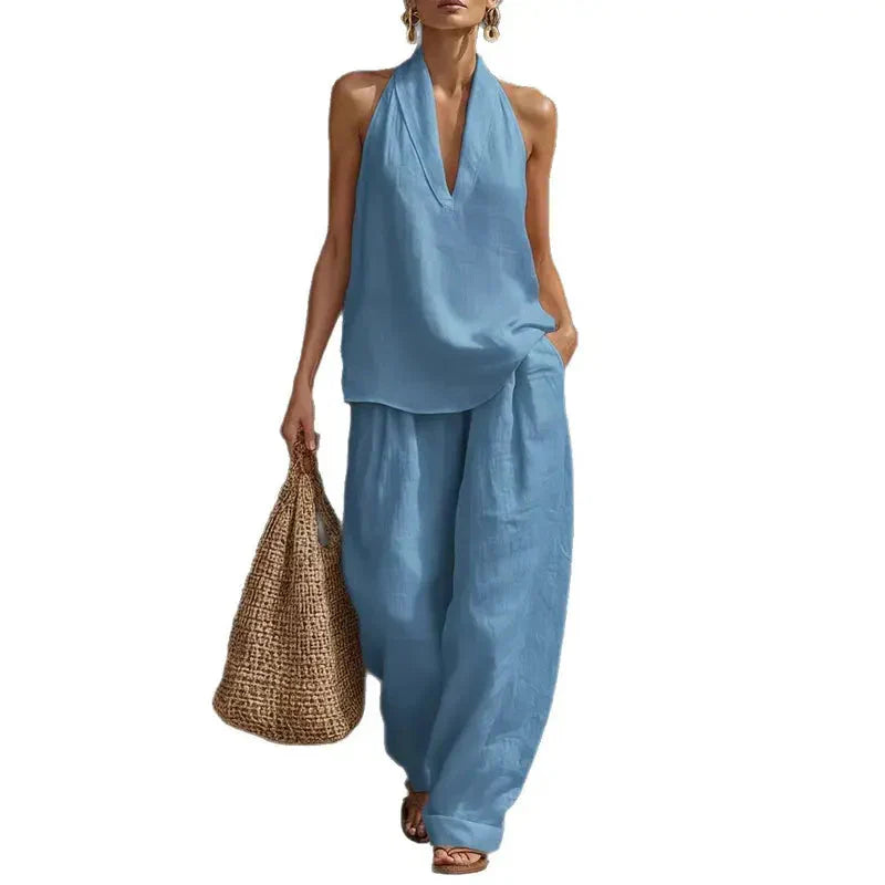 👚 50% RABATT! 🌞 Boho Linne Tvådelat Set – Halslinne & Vida Byxor, Lätt & Perfekt För En Ledig Sommarlook 💃