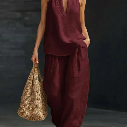 👚 50% RABATT! 🌞 Boho Linne Tvådelat Set – Halslinne & Vida Byxor, Lätt & Perfekt För En Ledig Sommarlook 💃