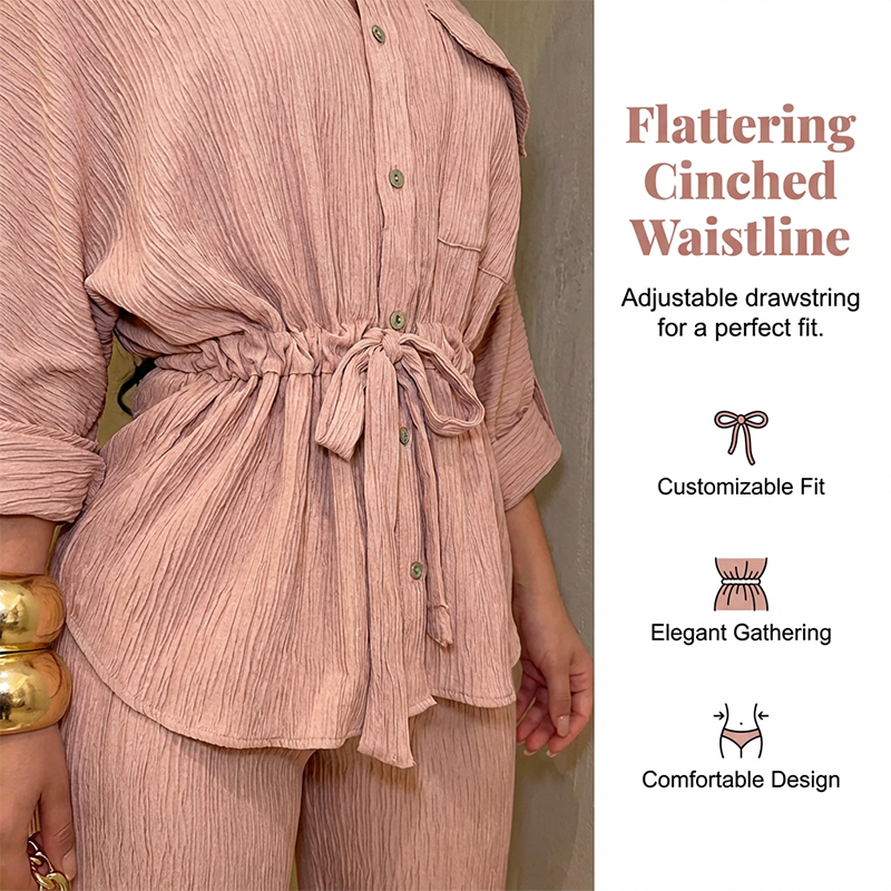 🎀 50% RABATT NU! 👖 Kvinnas Dragsko Skjorta & Vida Ben Byxor Set – Justerbar Midja, Flödande Byxor & Texturerat Tyg 🌿