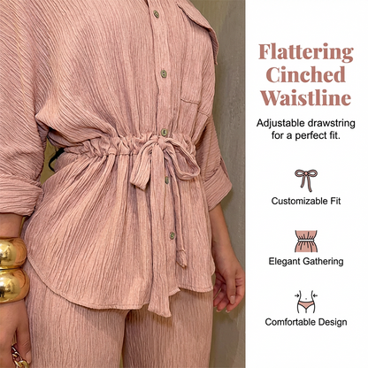 🎀 50% RABATT NU! 👖 Kvinnas Dragsko Skjorta & Vida Ben Byxor Set – Justerbar Midja, Flödande Byxor & Texturerat Tyg 🌿