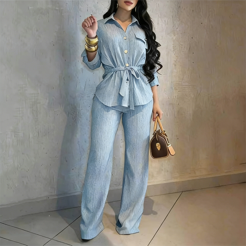 🎀 50% RABATT NU! 👖 Kvinnas Dragsko Skjorta & Vida Ben Byxor Set – Justerbar Midja, Flödande Byxor & Texturerat Tyg 🌿