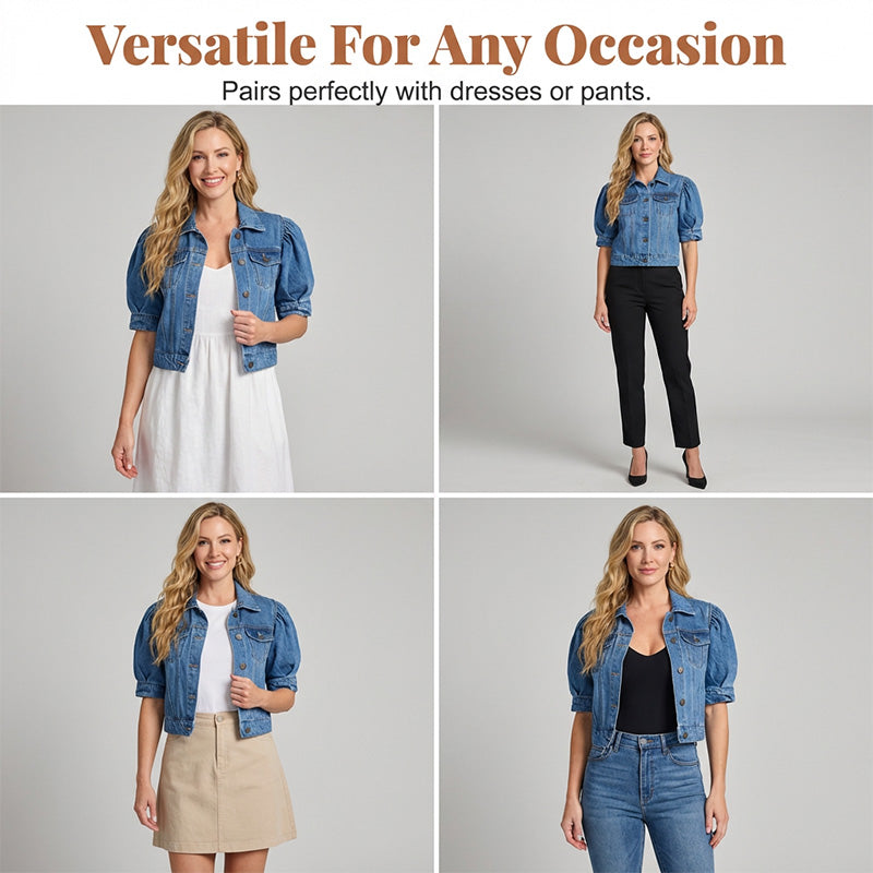 🔥Factory Direct Sales🔥 ✨ Kort jeansjacka för damer med voluminösa ärmar